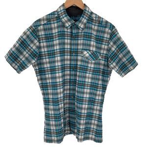 Kuhl Stallion Short‎ Sleeve Button Up Seersucker Shirt Men Medium Blue Tan White